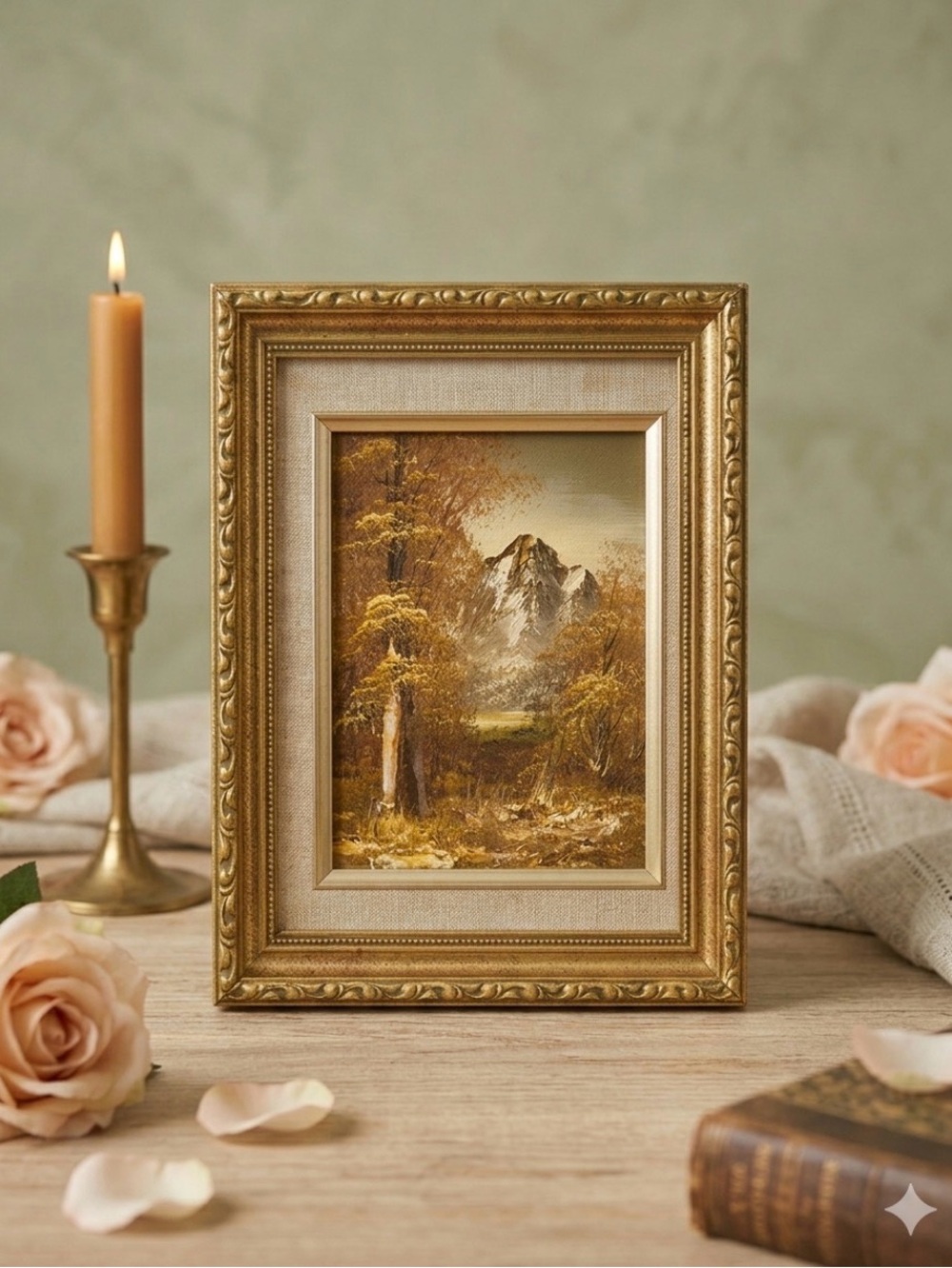 🩷 Vintage Mountain Landscape Oil Painting Gold Frame. Artist Antonio